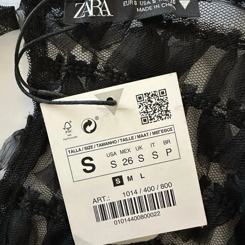 ✨ NWT Zara Black Tulle Fringe Mini Dress Small Puff Sleeve Ruffle 🖤 - Picture 15 of 16
